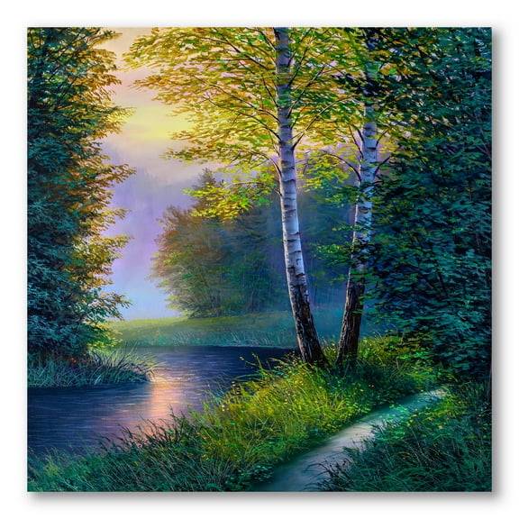 Designart ' Sunrise Glow Through The Birch Forest ' Lake House Canvas Wall Art Print