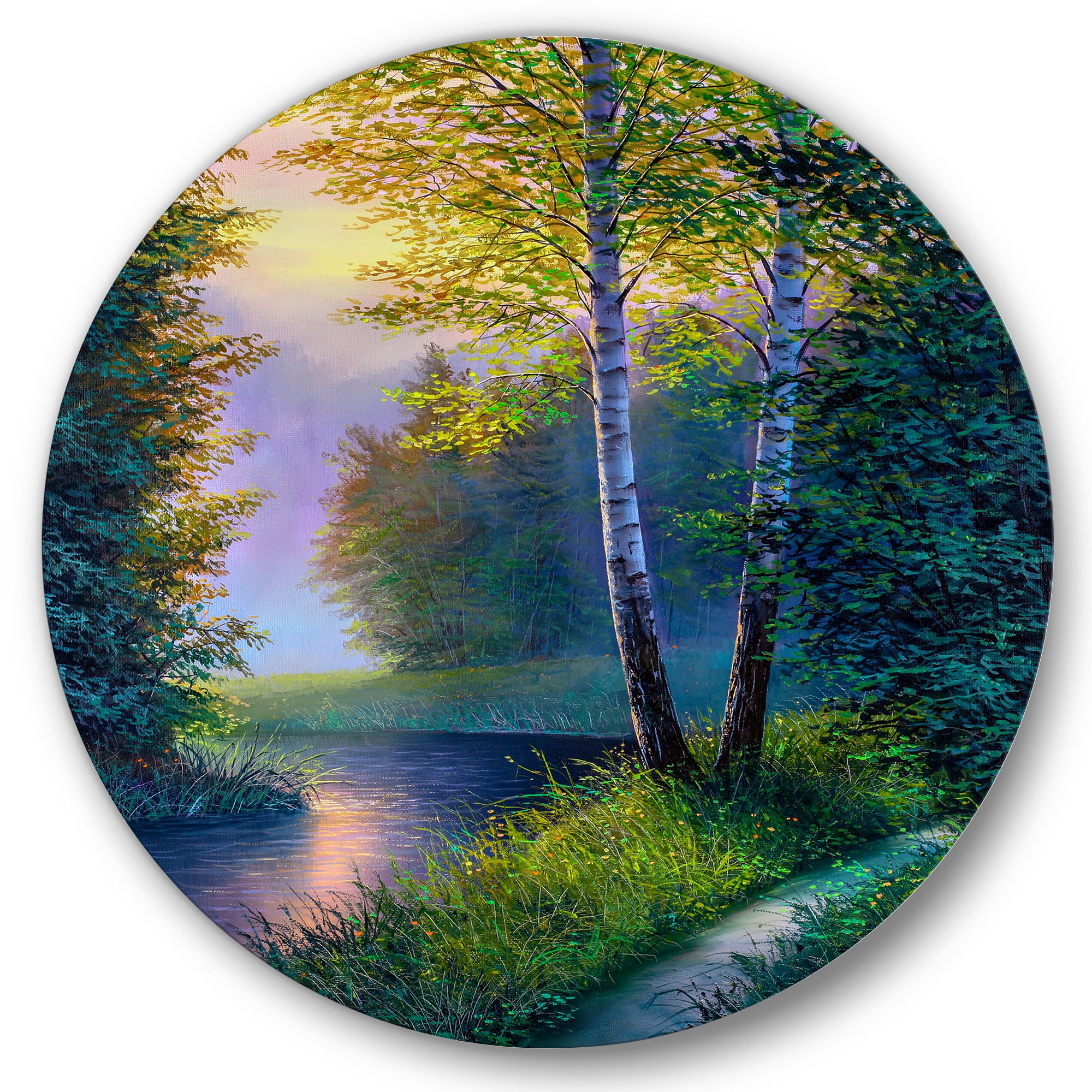 Designart 'Sunrise Glow Through The Birch Forest' Lake House Circle Metal Wall Art 23x23 - Disc of 23