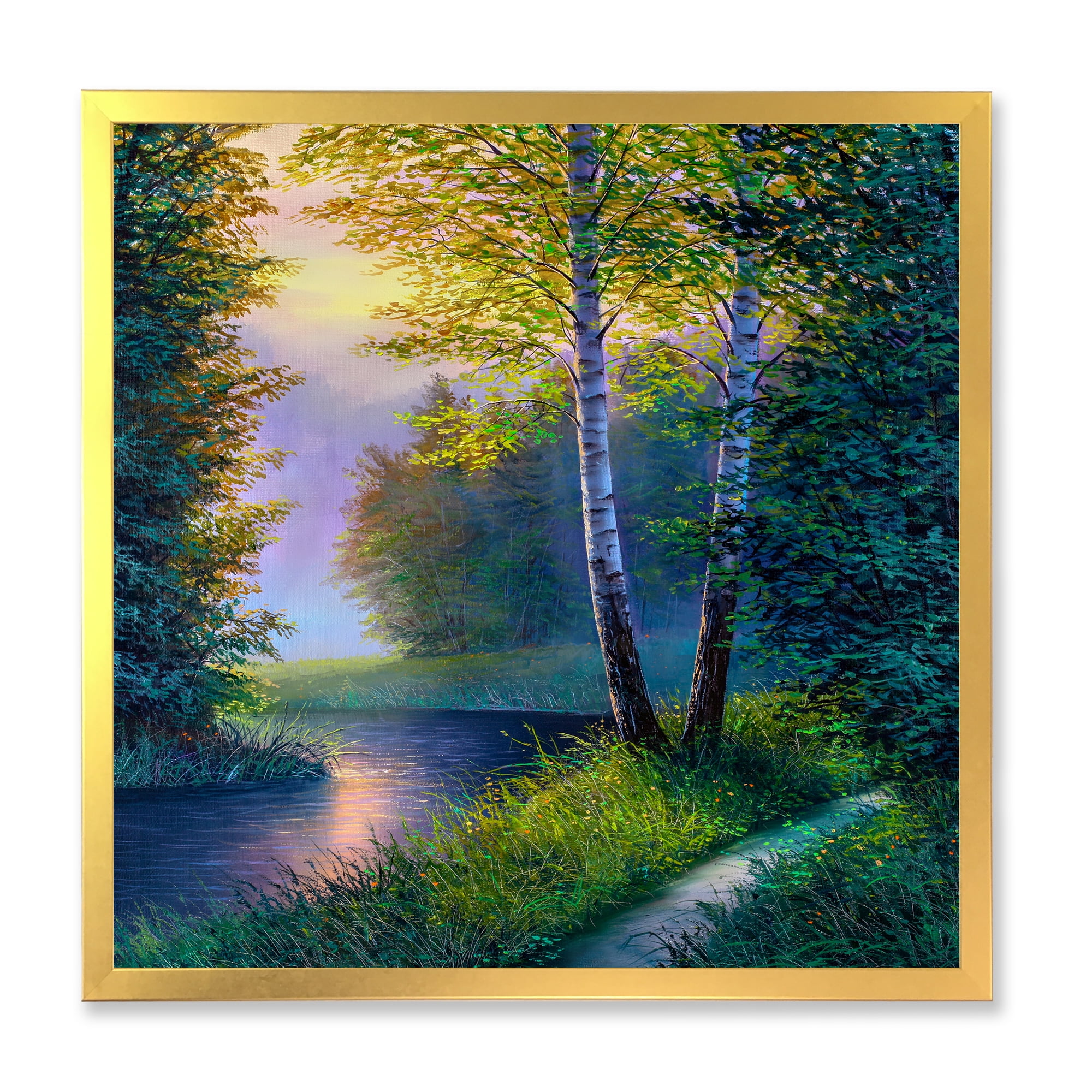 Designart 'Sunrise Glow Through The Birch Forest' Lake House Framed Art Print