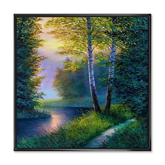 Designart 'Sunrise Glow Through The Birch Forest' Lake House Framed Canvas Wall Art Print