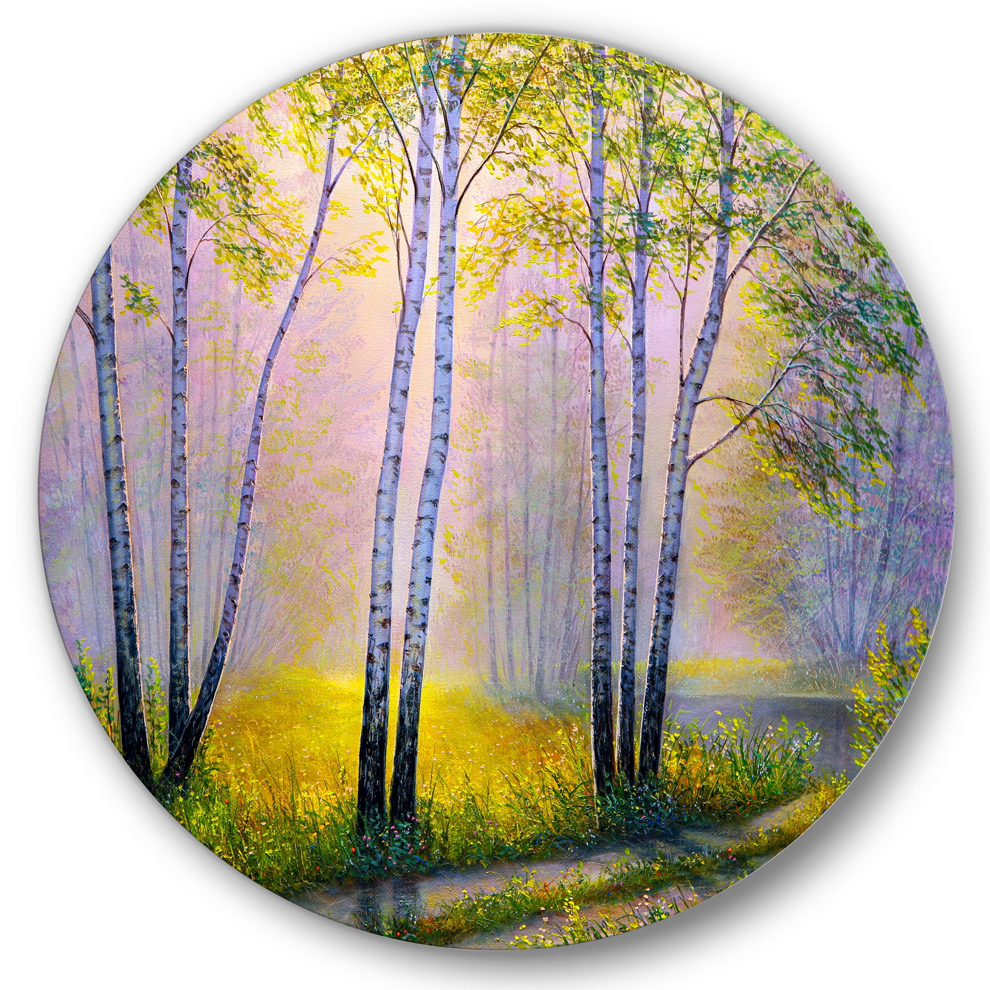 Designart 'Sunrise Glow Through The Birches I' Traditional Circle Metal Wall Art 23x23 - Disc of 23