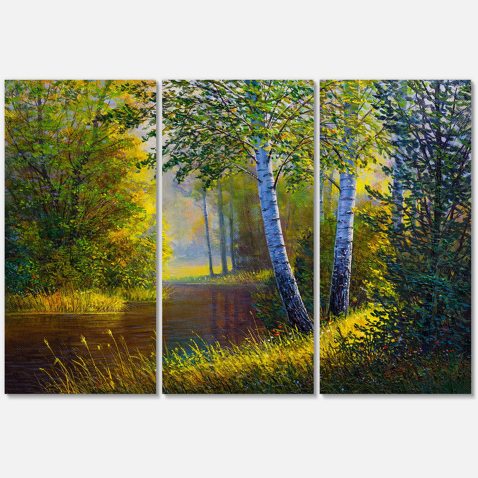 Designart ' Sunrise Glow Through The Birches II ' Lake House Canvas Wall Art Print