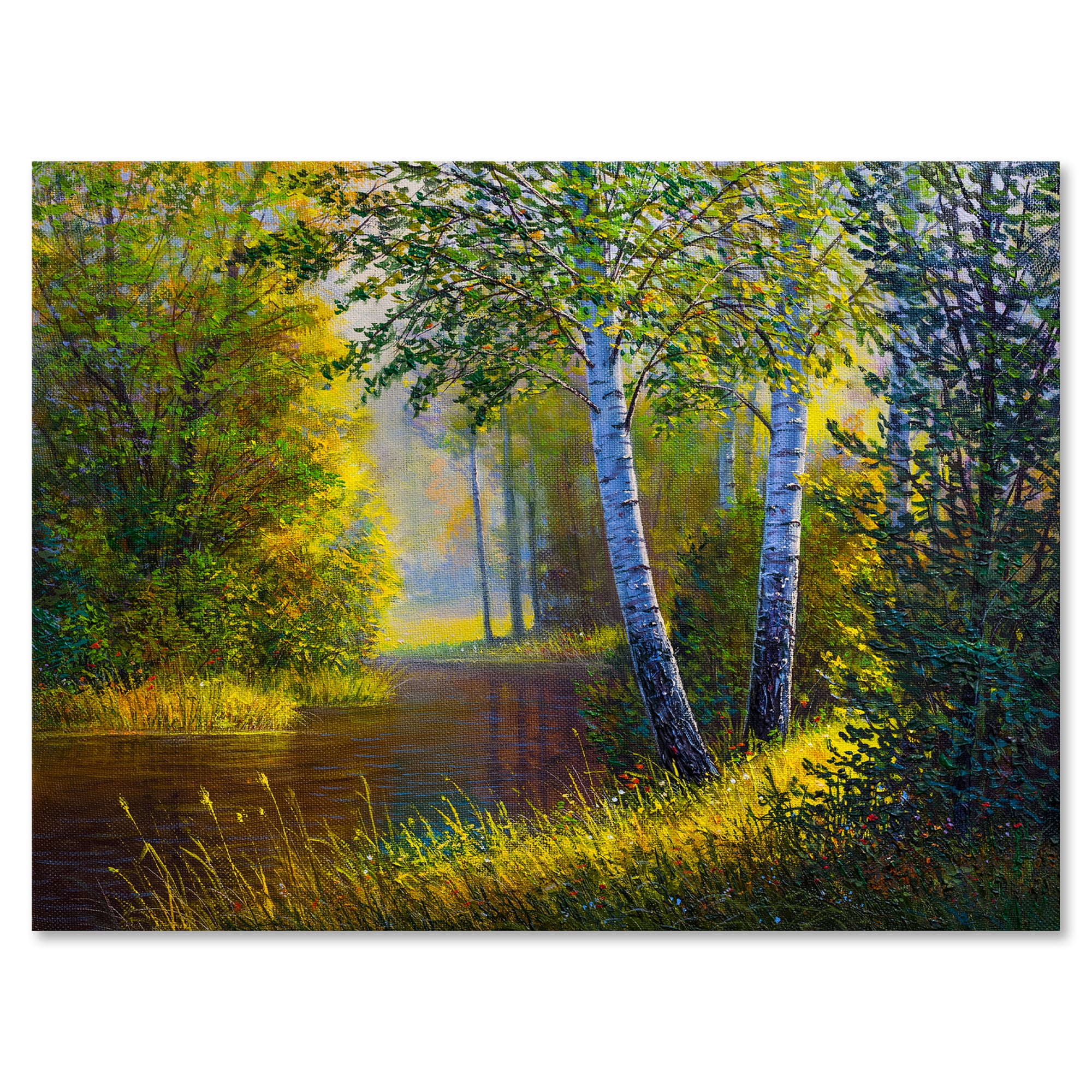 Designart ' Sunrise Glow Through The Birches II ' Lake House Canvas Wall Art Print