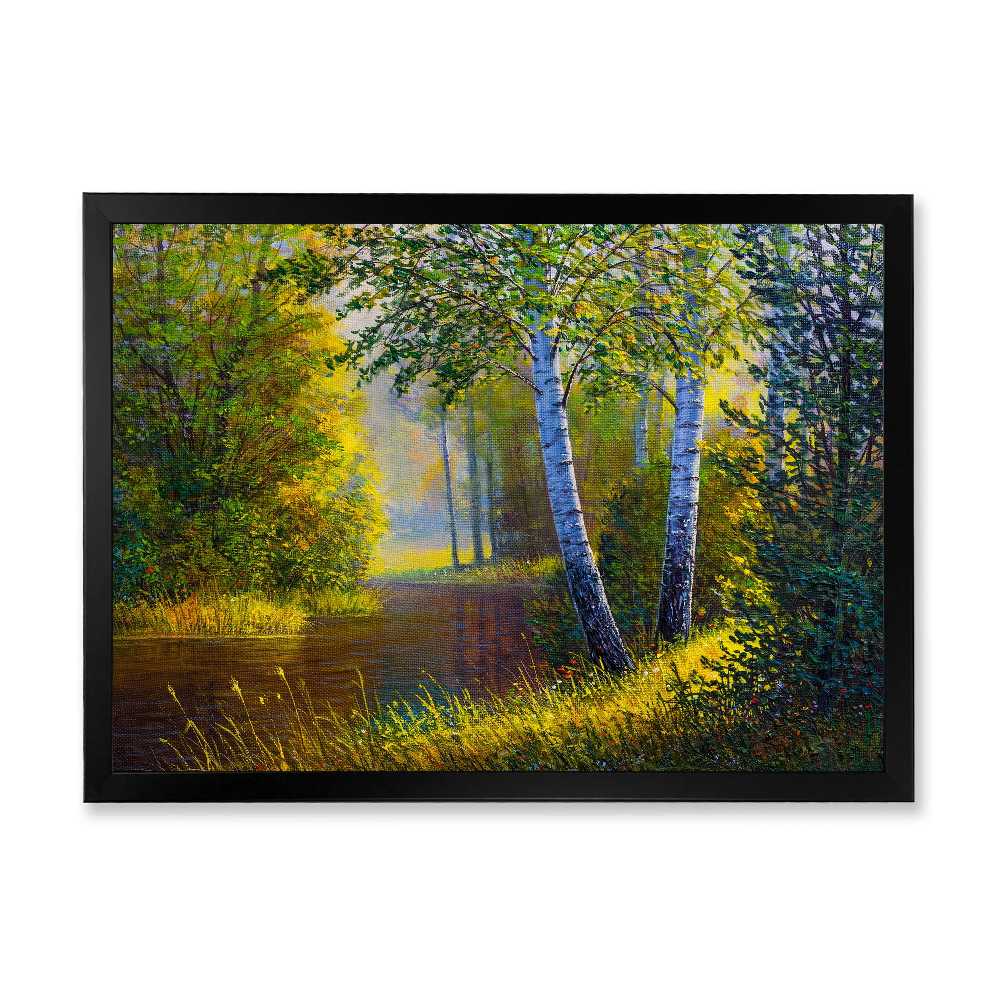 Designart 'Sunrise Glow Through The Birches II' Lake House Framed Art Print