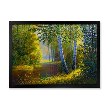 Designart 'Sunrise Glow Through The Birches II' Lake House Framed Art Print