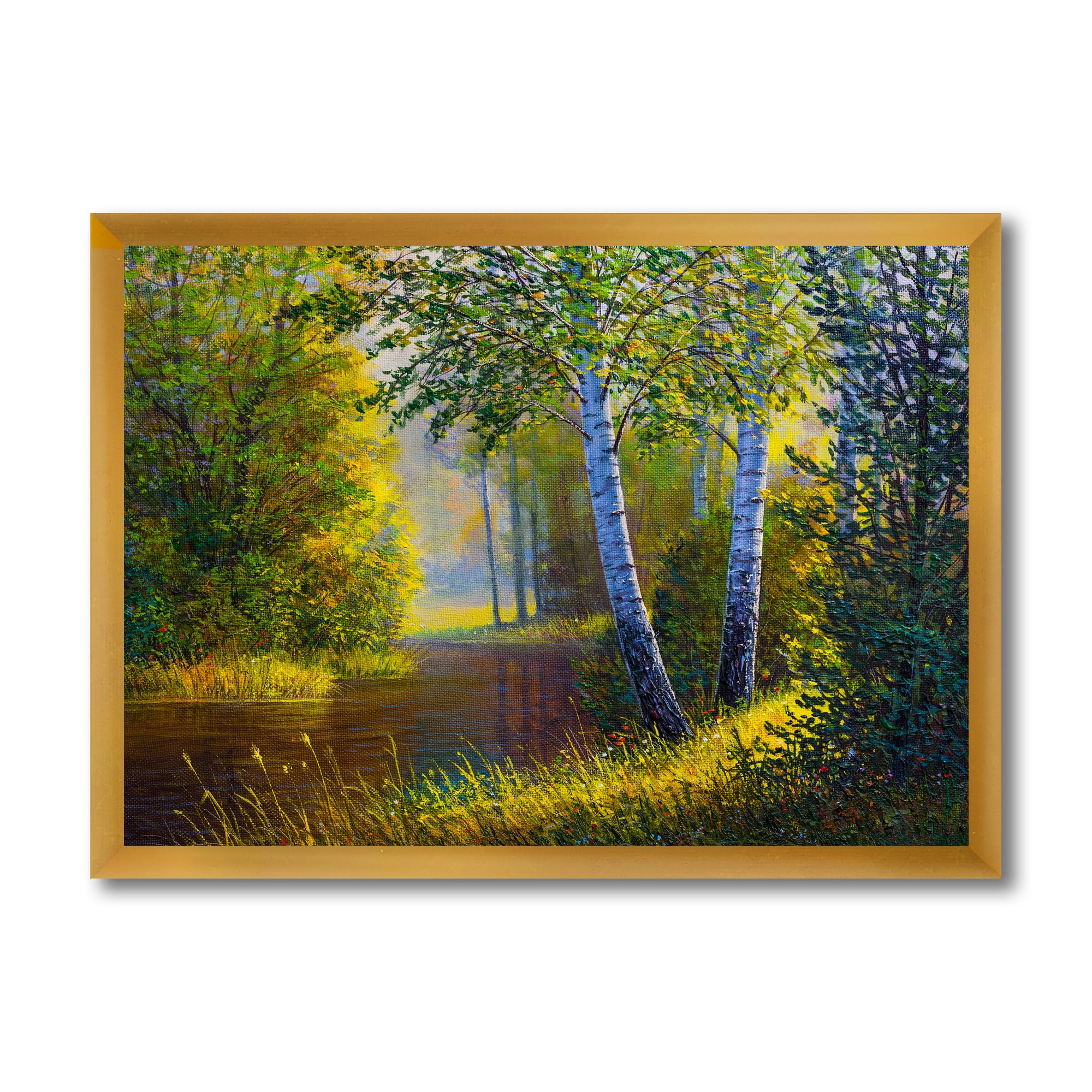 Designart 'Sunrise Glow Through The Birches II' Lake House Framed Art Print