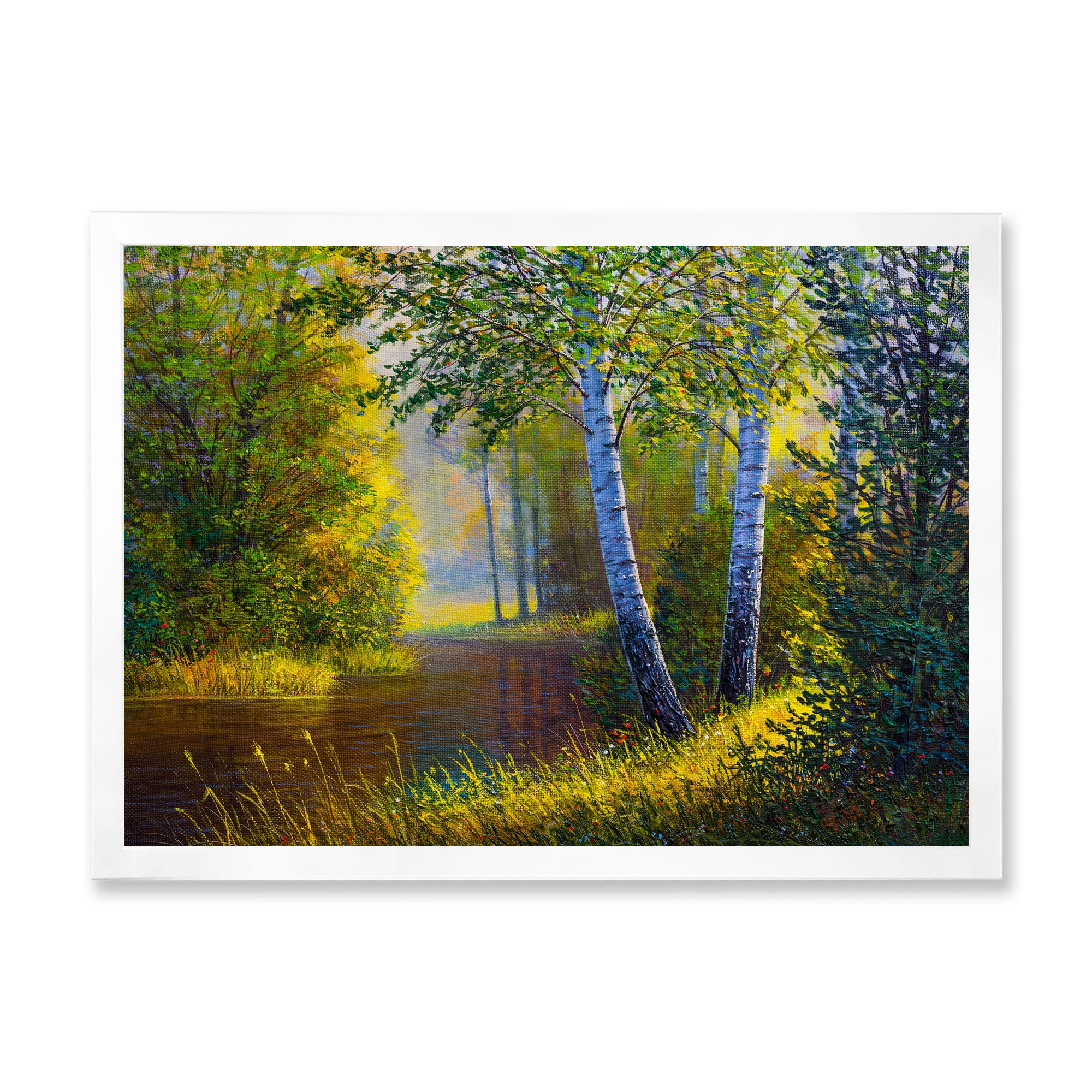 Designart 'Sunrise Glow Through The Birches II' Lake House Framed Art Print