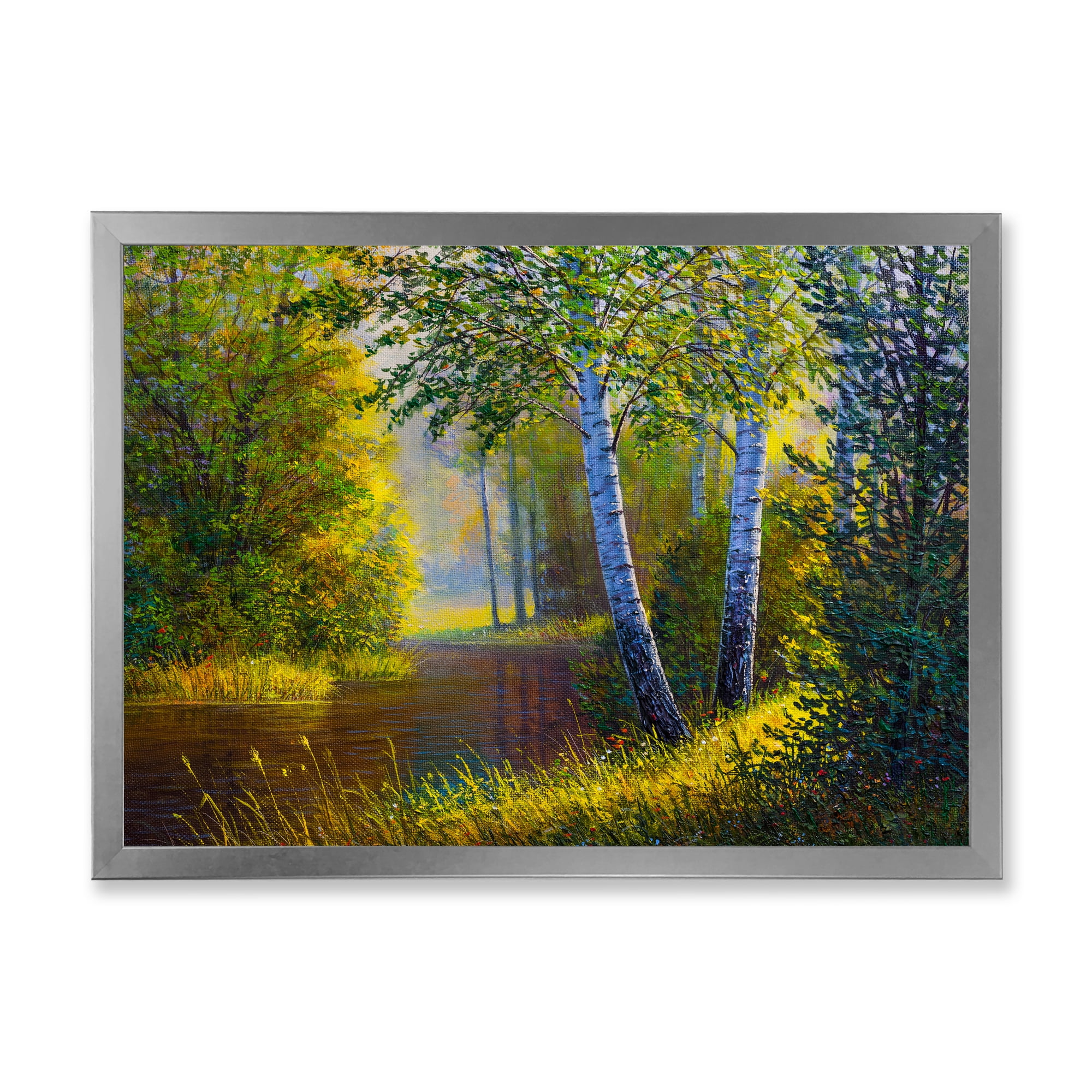 Designart 'Sunrise Glow Through The Birches II' Lake House Framed Art Print