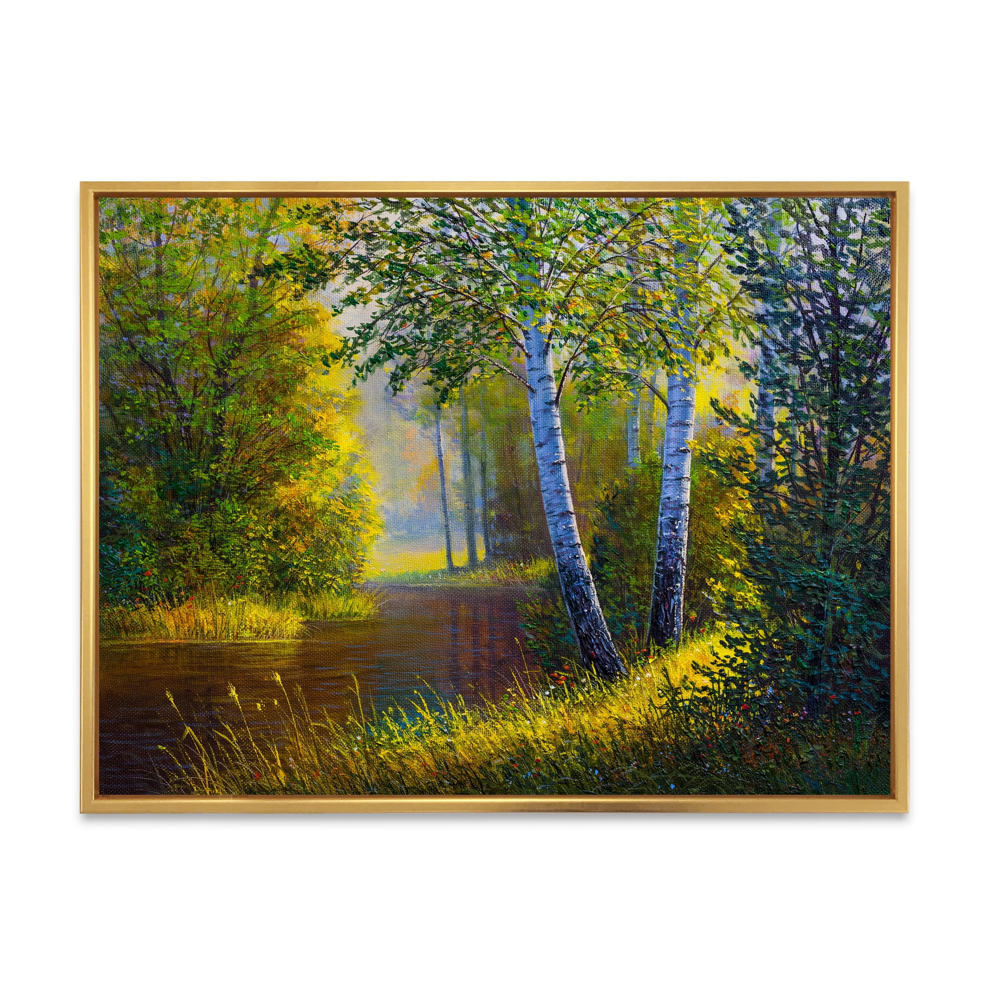 Designart 'Sunrise Glow Through The Birches II' Lake House Framed Canvas Wall Art Print