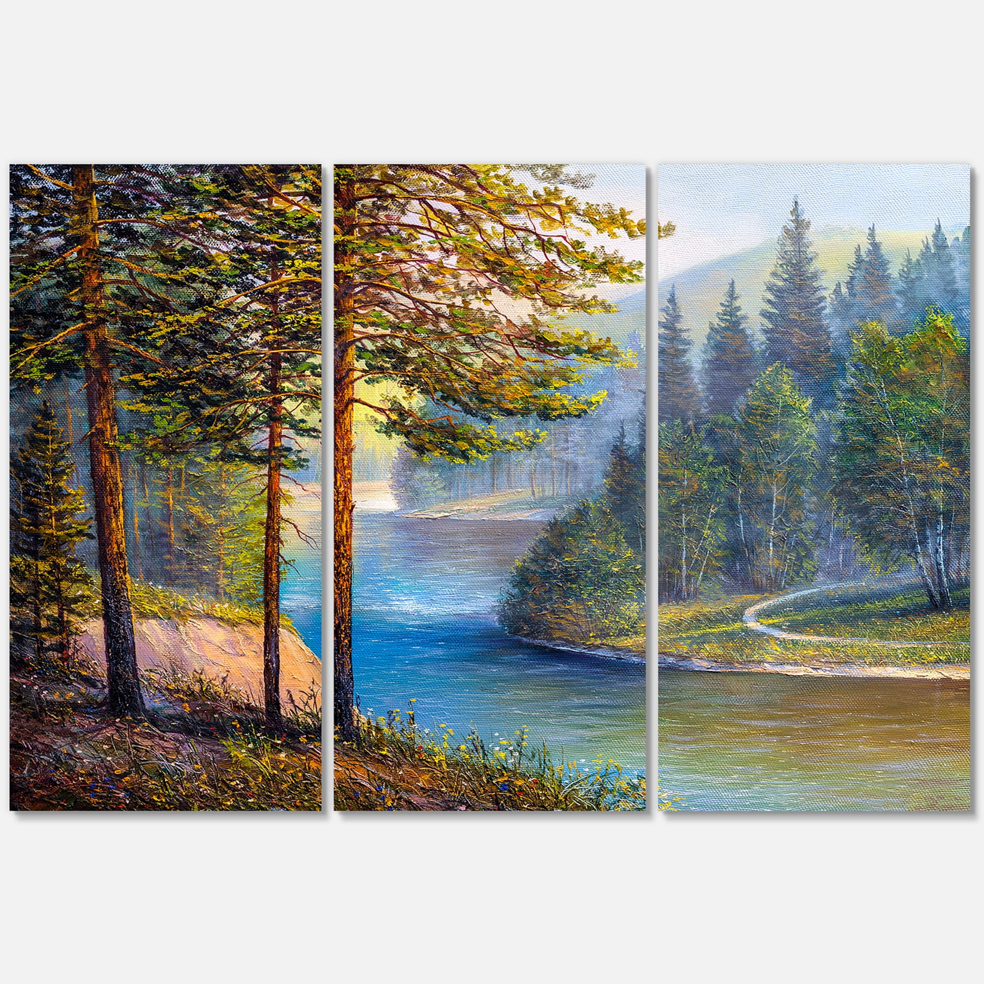 Designart ' Sunrise Glow Through The Pine & Fir Forest ' Lake House Canvas Wall Art Print