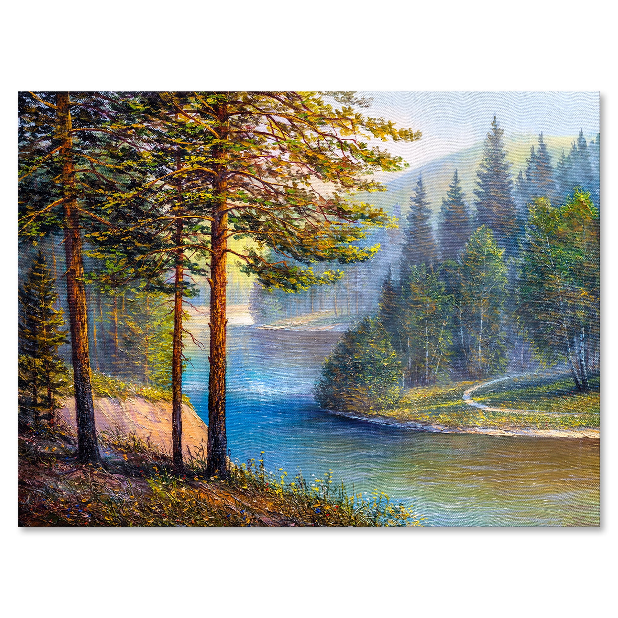 Designart ' Sunrise Glow Through The Pine & Fir Forest ' Lake House Canvas Wall Art Print
