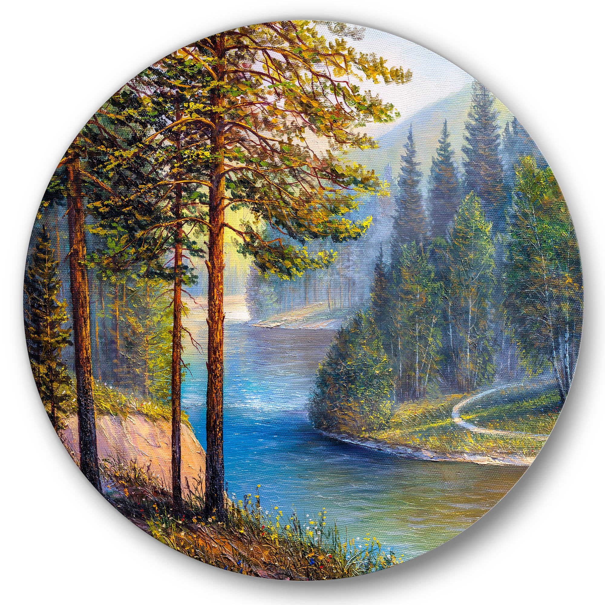 Designart 'Sunrise Glow Through The Pine & Fir Forest' Lake House Circle Metal Wall Art 11x11 - Disc of 11