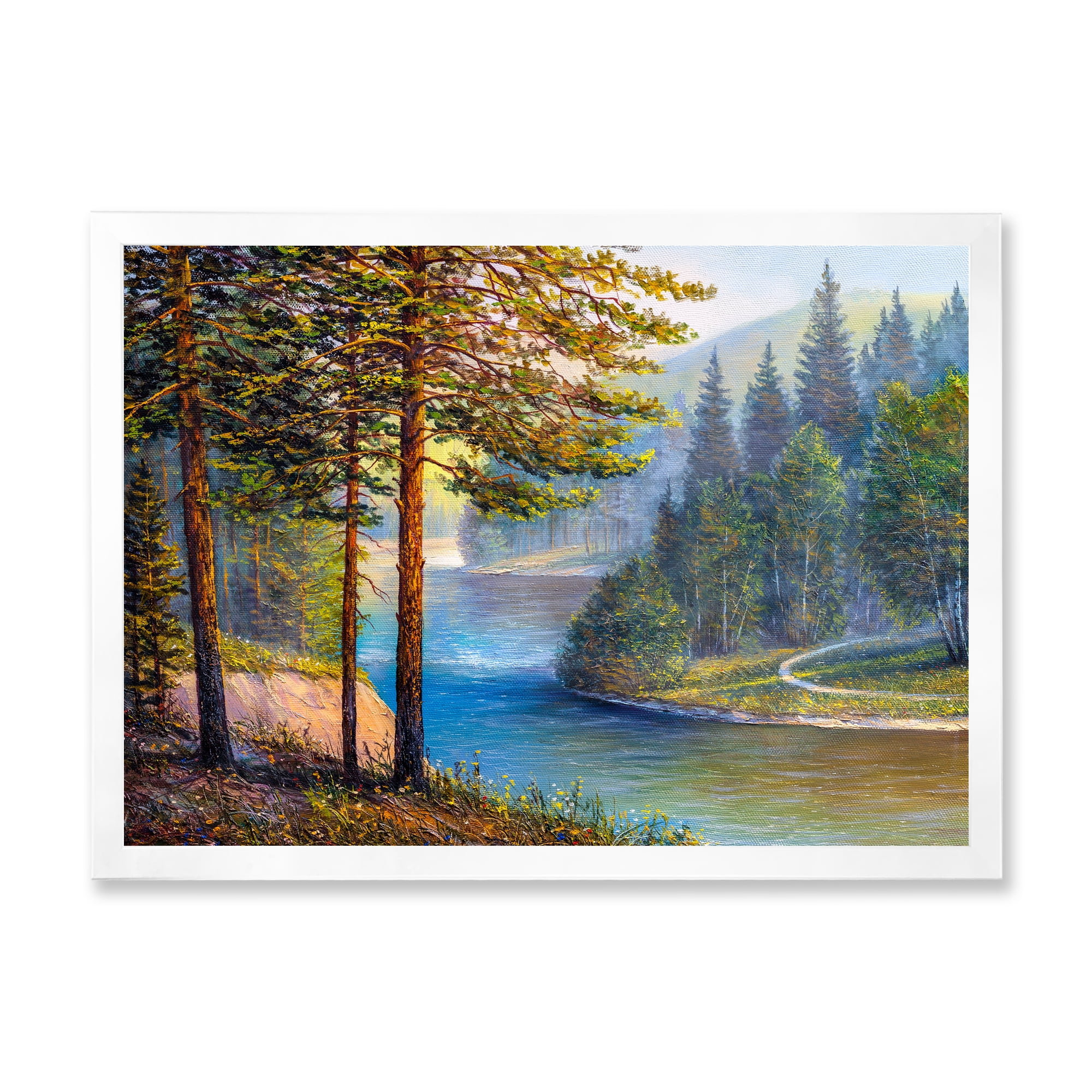 Designart 'Sunrise Glow Through The Pine & Fir Forest' Lake House Framed Art Print