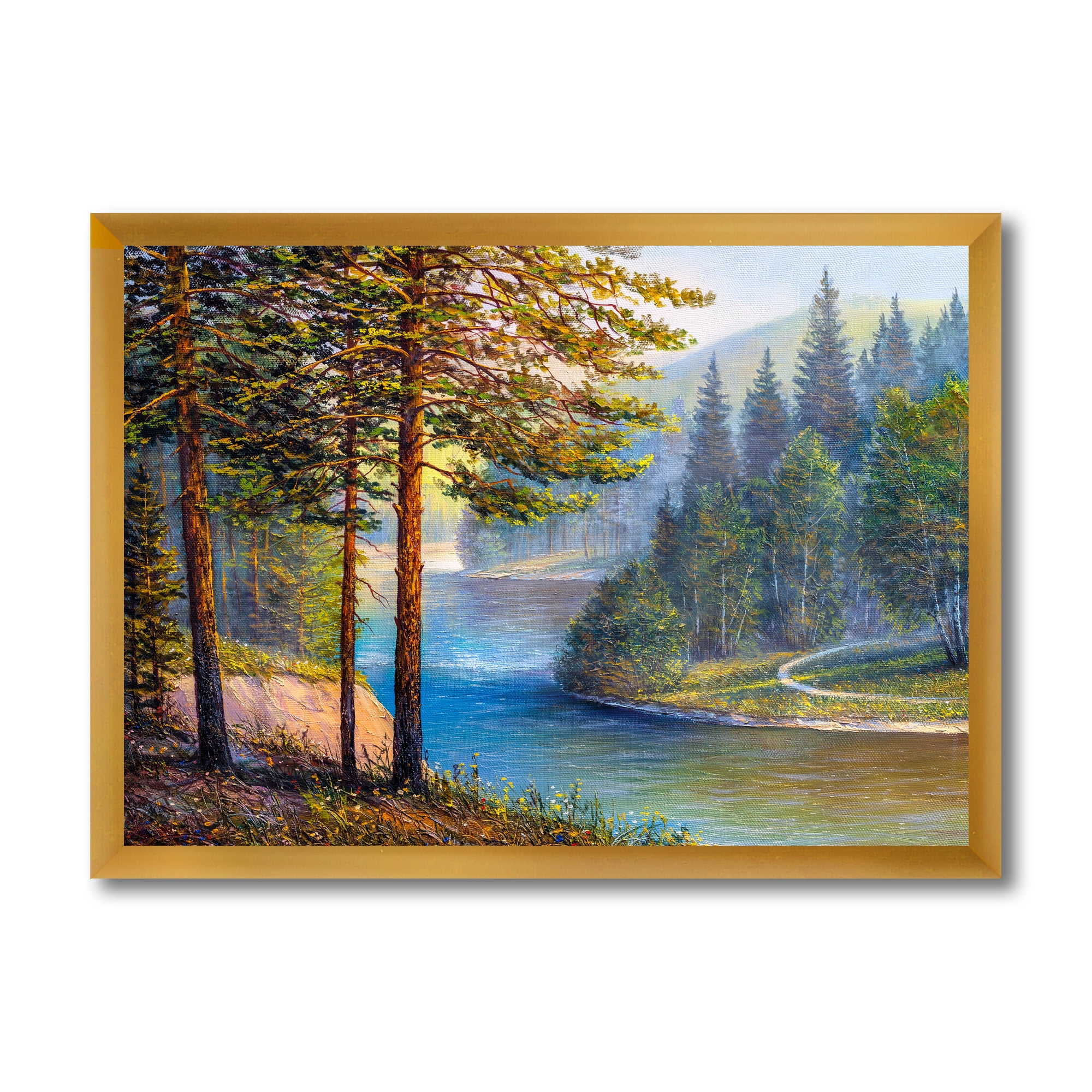 Designart 'Sunrise Glow Through The Pine & Fir Forest' Lake House Framed Art Print