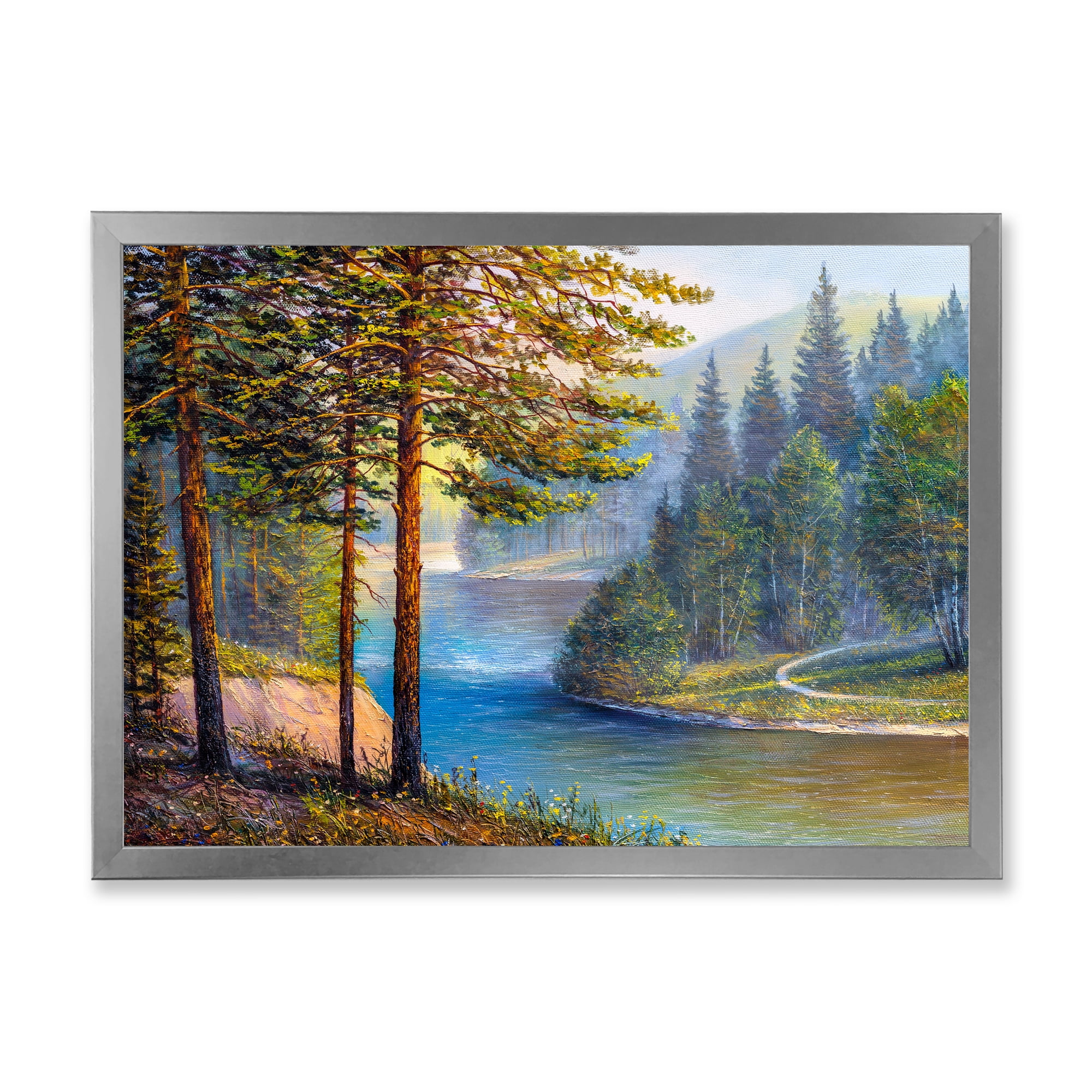 Designart 'Sunrise Glow Through The Pine & Fir Forest' Lake House Framed Art Print