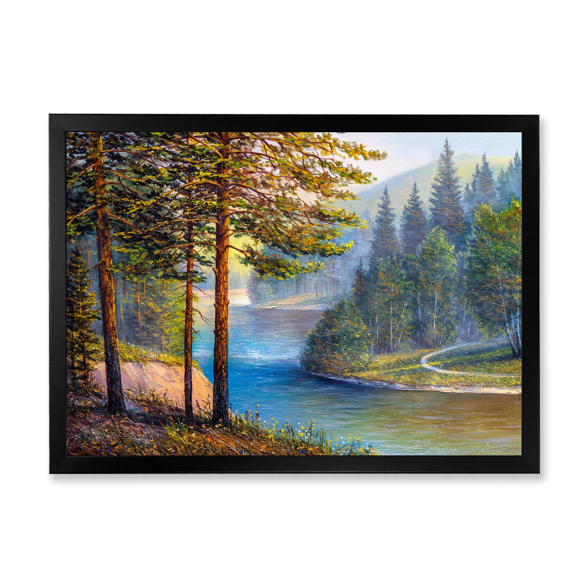 Designart 'Sunrise Glow Through The Pine & Fir Forest' Lake House Framed Art Print