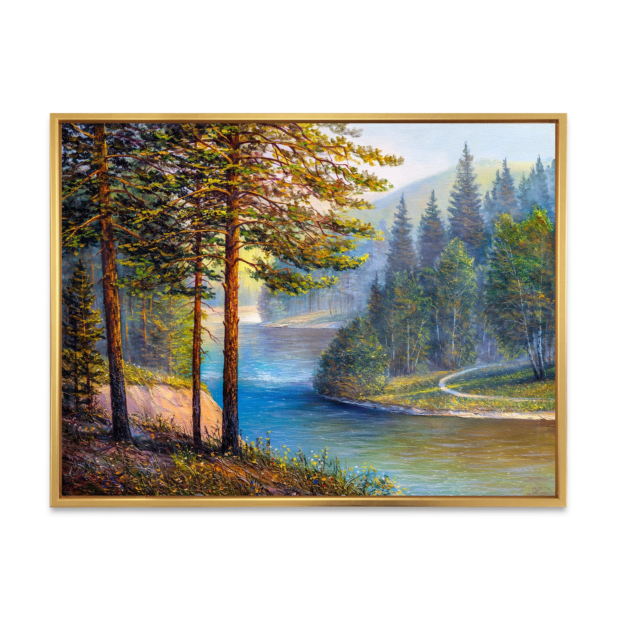 Designart 'Sunrise Glow Through The Pine & Fir Forest' Lake House Framed Canvas Wall Art Print