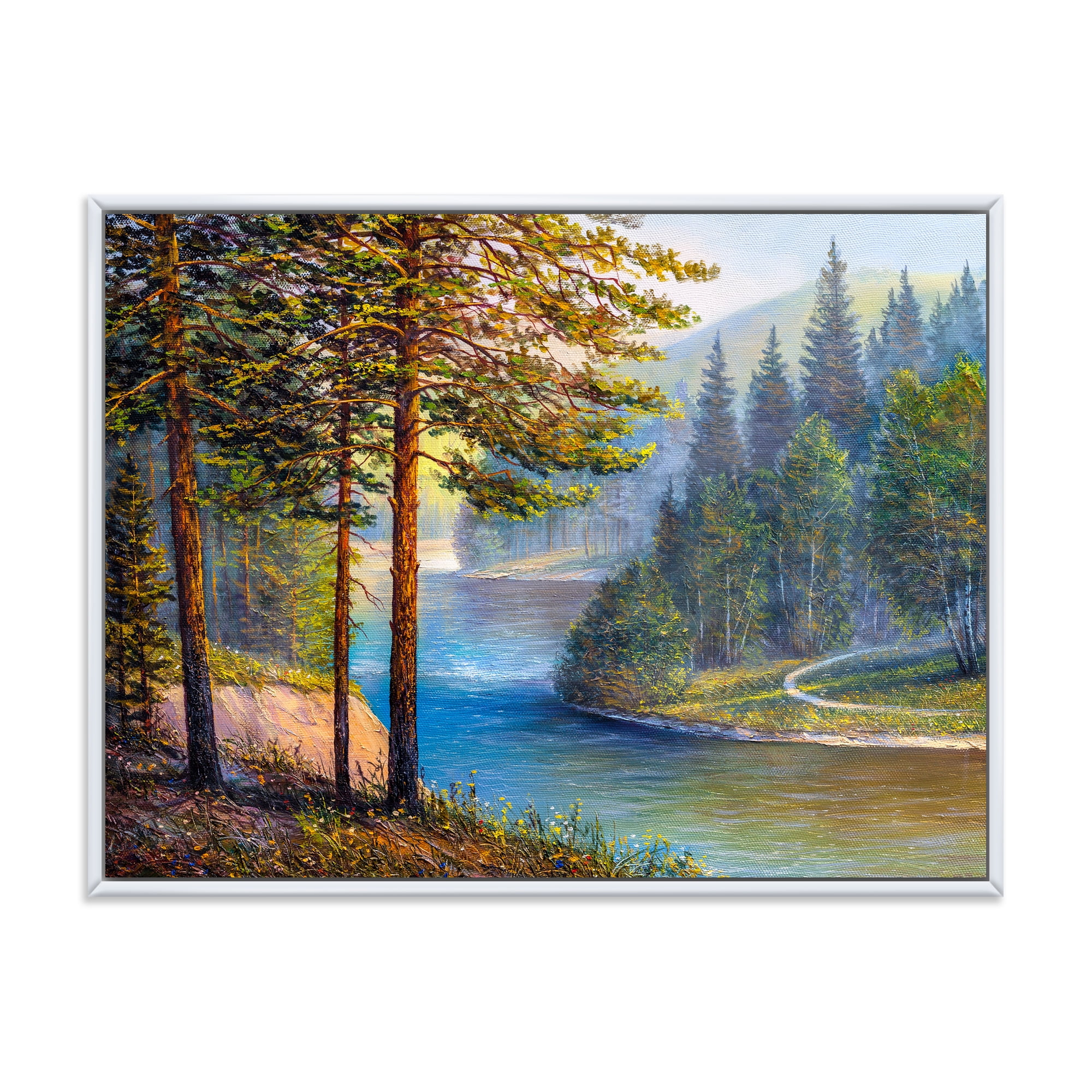 Designart 'Sunrise Glow Through The Pine & Fir Forest' Lake House Framed Canvas Wall Art Print