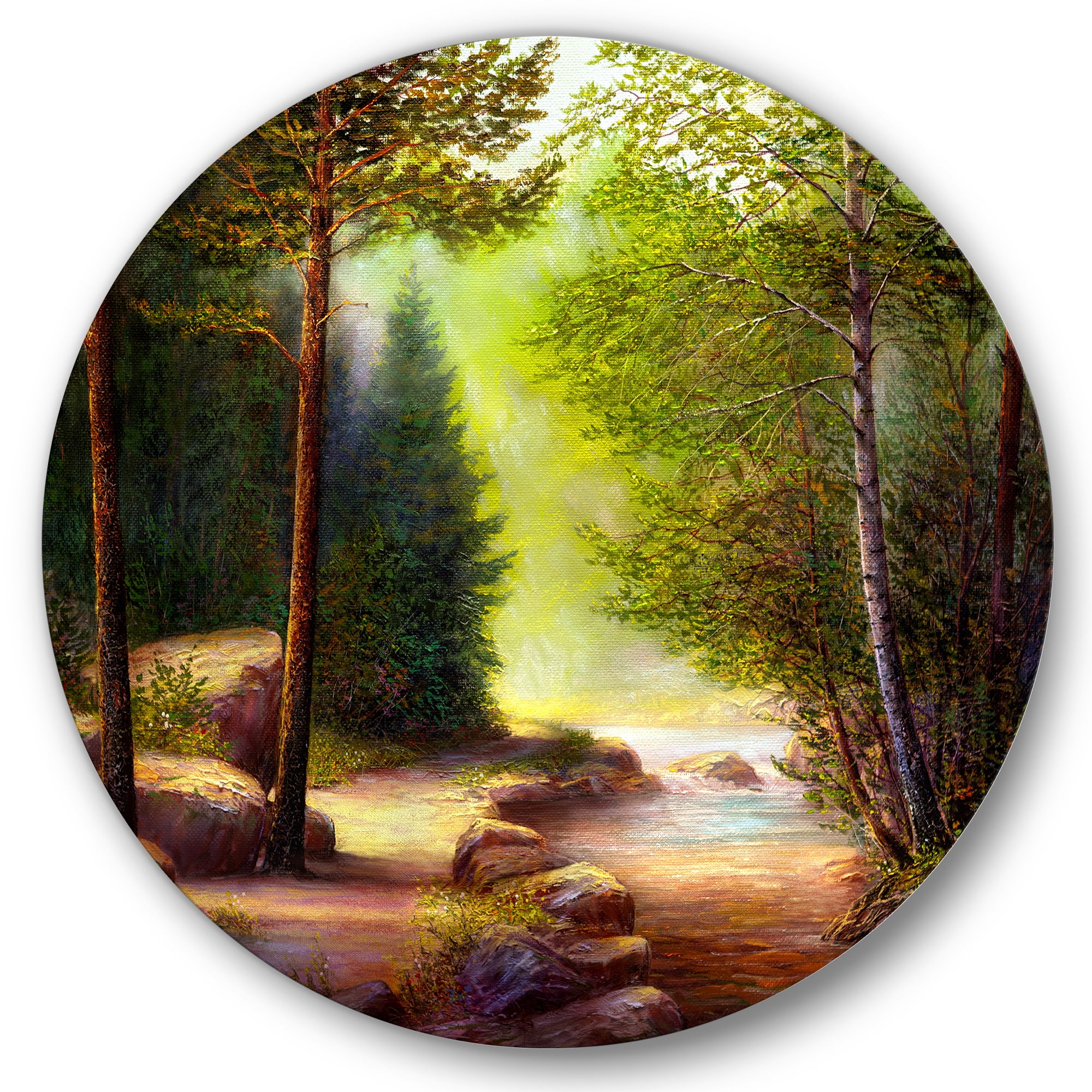 Designart 'Sunrise Glow Through The Spring Trees' Lake House Circle Metal Wall Art 23x23 - Disc of 23