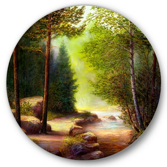 Designart 'Sunrise Glow Through The Spring Trees' Lake House Circle Metal Wall Art 29x29 - Disc of 29