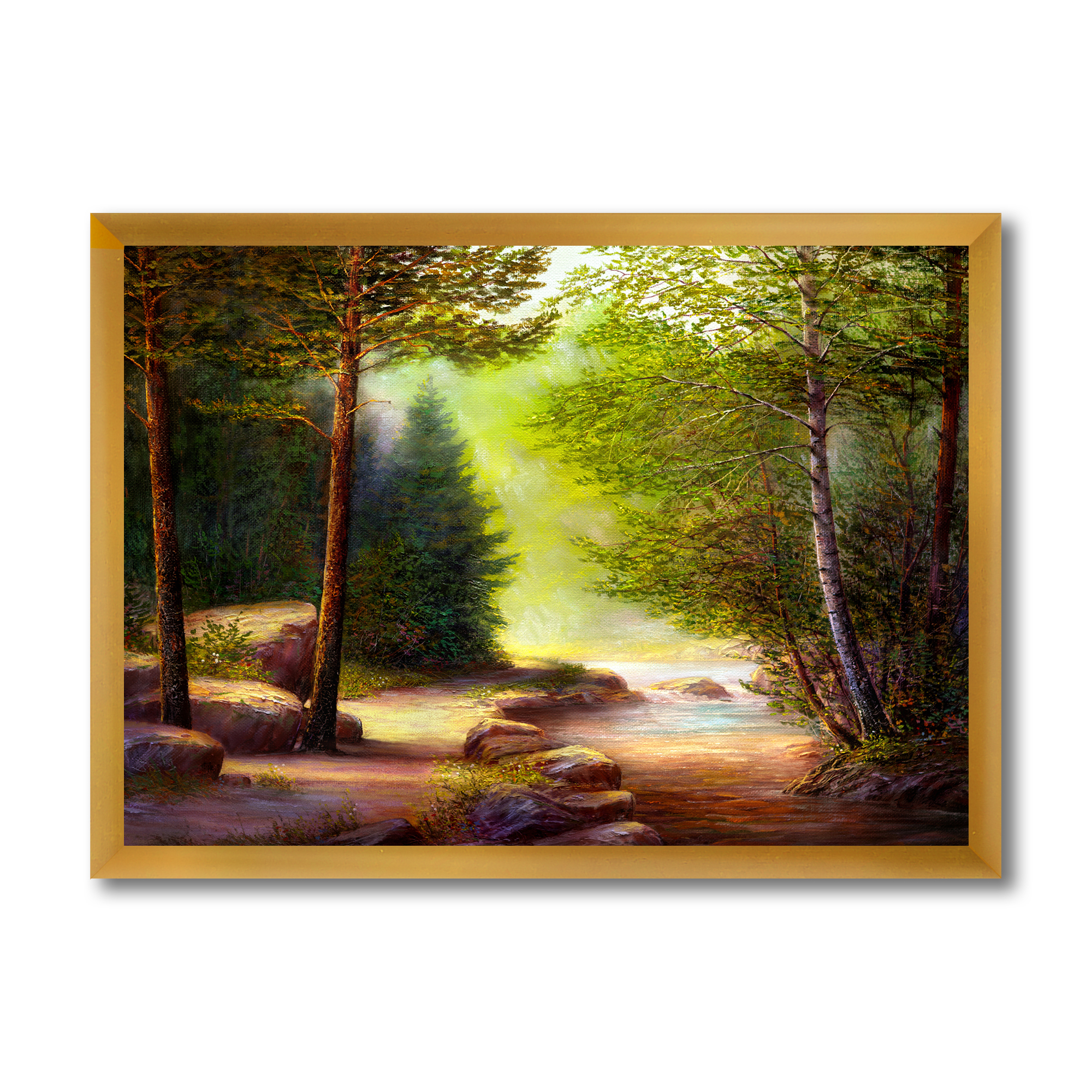 Designart 'Sunrise Glow Through The Spring Trees' Lake House Framed Art Print