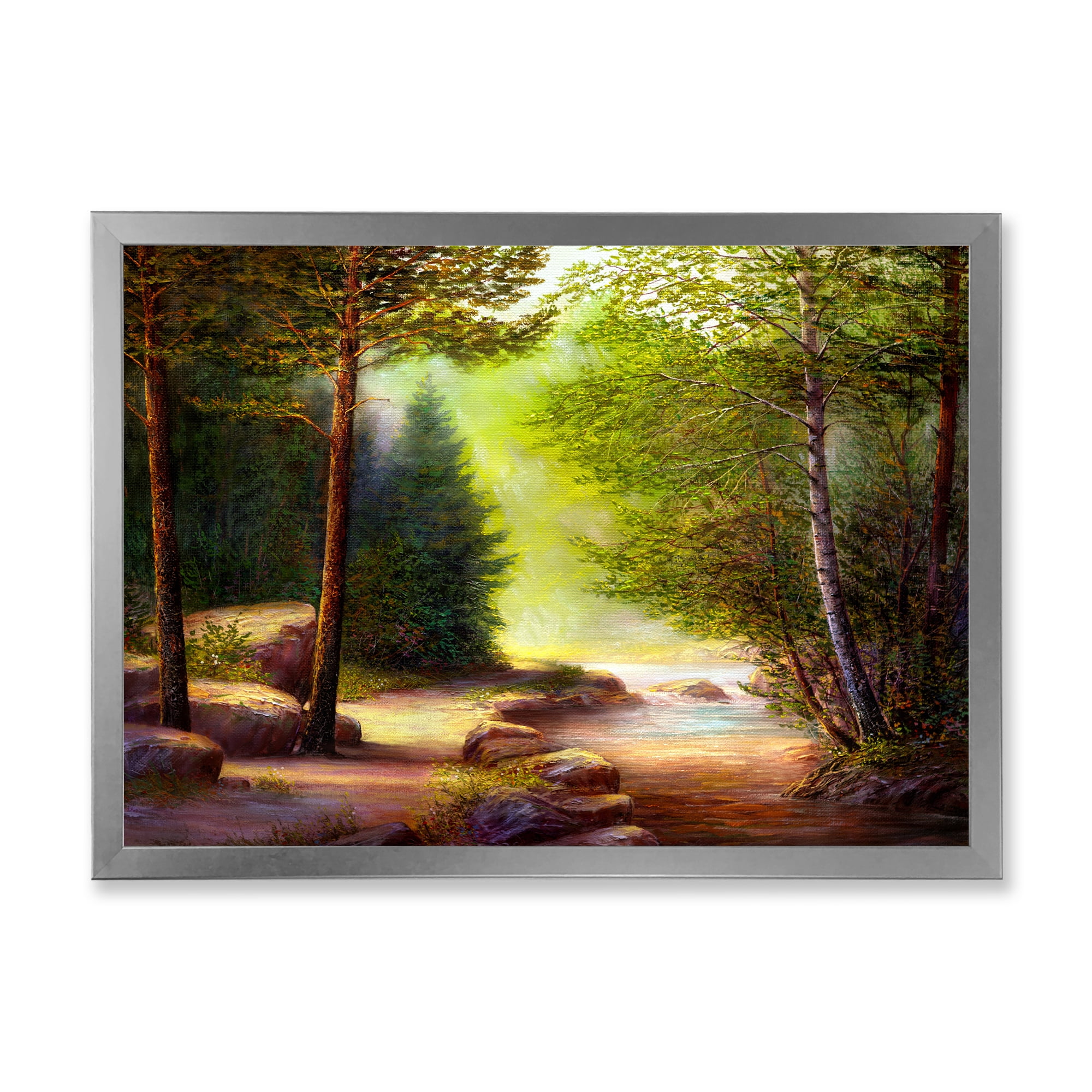 Designart 'Sunrise Glow Through The Spring Trees' Lake House Framed Art Print