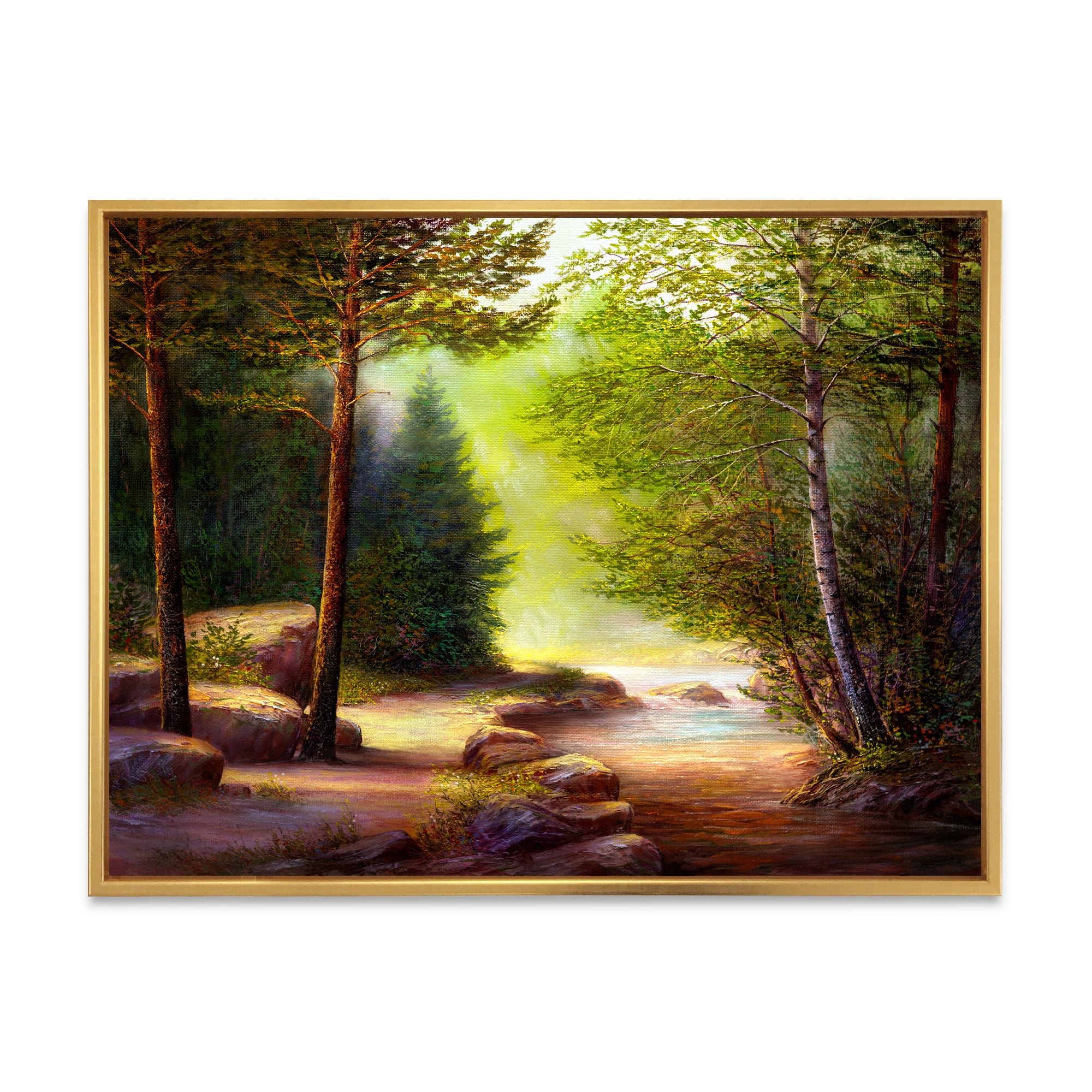 Designart 'Sunrise Glow Through The Spring Trees' Lake House Framed Canvas Wall Art Print