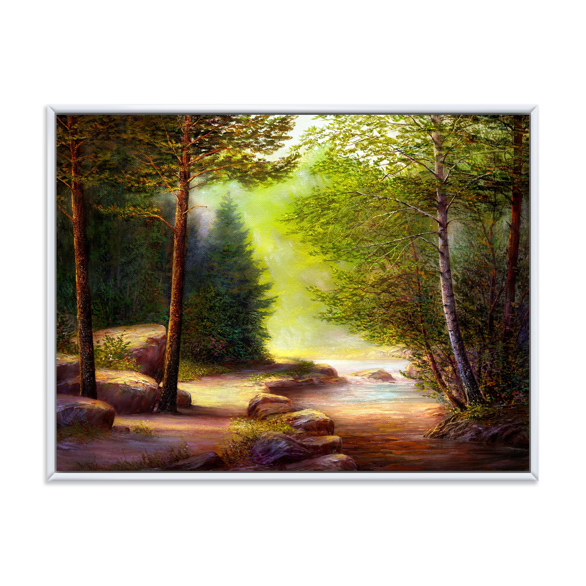 Designart 'Sunrise Glow Through The Spring Trees' Lake House Framed Canvas Wall Art Print