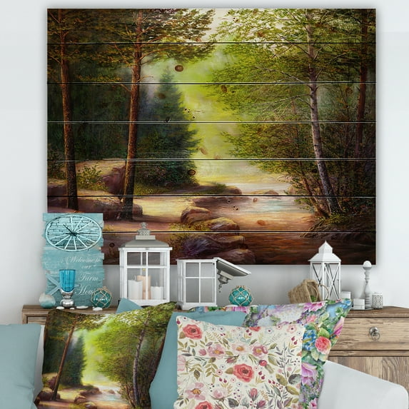 Designart 'Sunrise Glow Through The Spring Trees' Lake House Print on Natural Pine Wood
