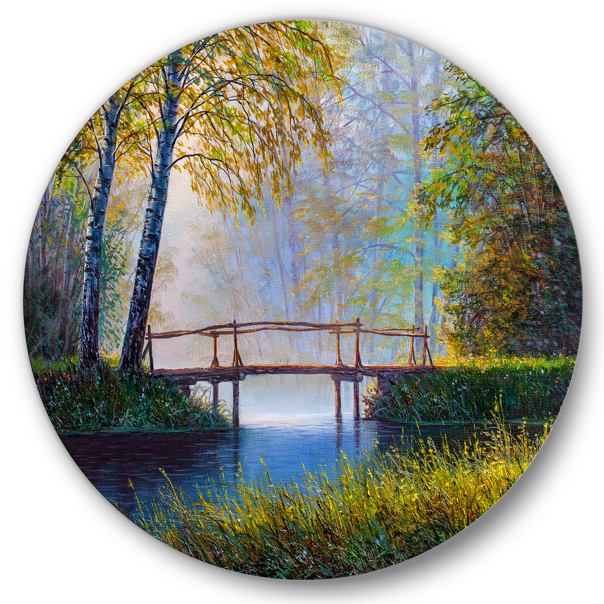 Designart 'Sunrise Glow and The Awakening Spring Forest' Lake House Circle Metal Wall Art 11x11 - Disc of 11