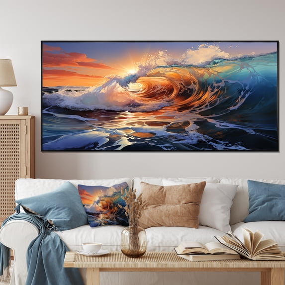Designart "Sunrise Hues Blue and Orange Waves IV" Oversized Coastal Framed Wall Art - Coastal Blue Coastal Waves Entryway Framed Wall Art