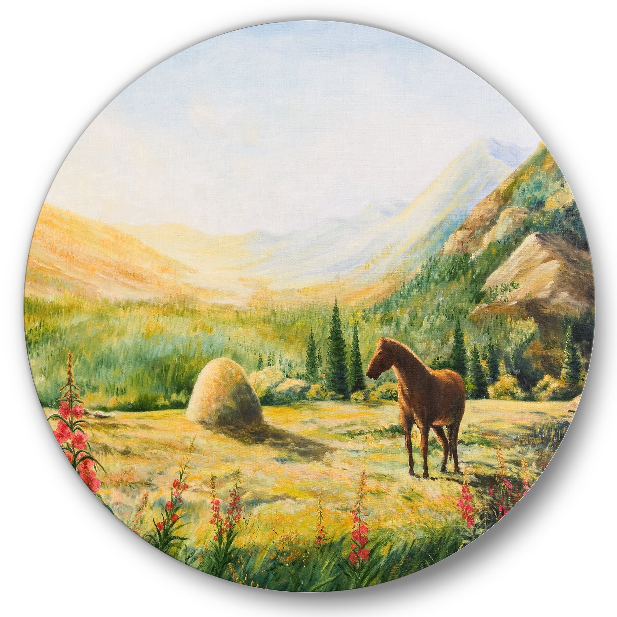 Designart 'Sunrise In The Mountains With Horse' Farmhouse Circle Metal Wall Art 29x29 - Disc of 29