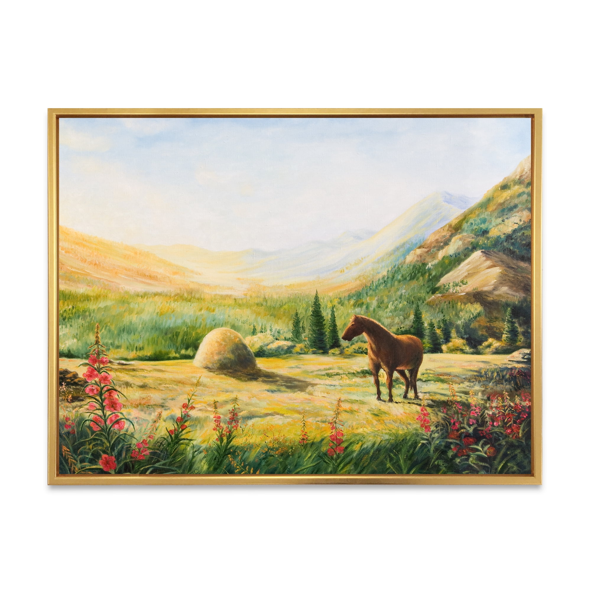 Designart 'Sunrise In The Mountains With Horse' Farmhouse Framed Canvas Wall Art Print