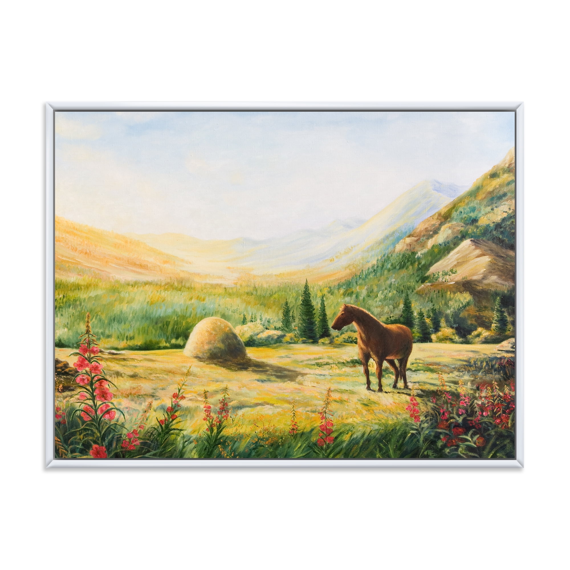 Designart 'Sunrise In The Mountains With Horse' Farmhouse Framed Canvas Wall Art Print