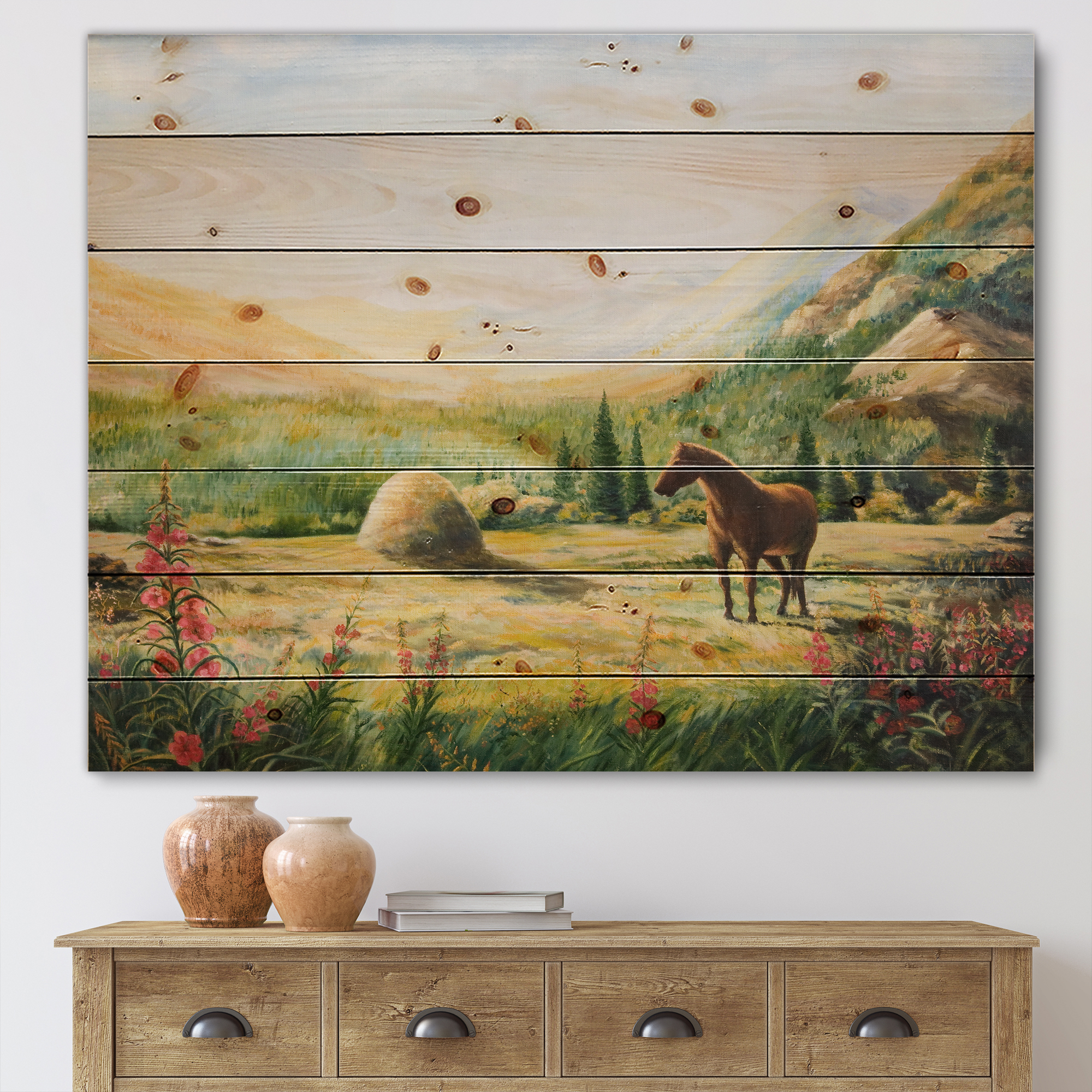 Designart 'Sunrise In The Mountains With Horse' Farmhouse Print on Natural Pine Wood