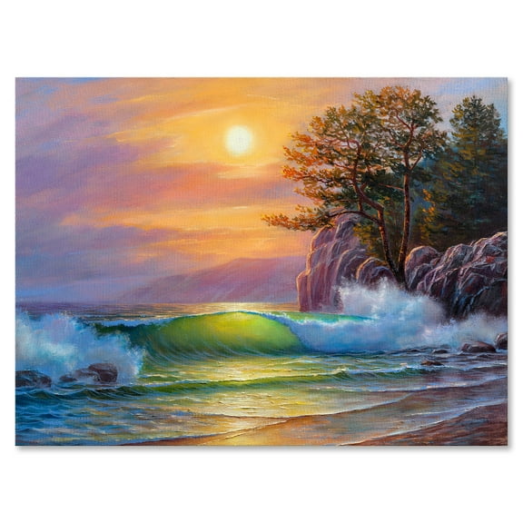 Designart ' Sunrise On Sea Waves By The Pine Trees ' Nautical & Coastal Canvas Wall Art Print