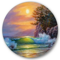 Designart 'Sunrise On Sea Waves By The Pine Trees' Nautical & Coastal Circle Metal Wall Art 36x36 - Disc of 36