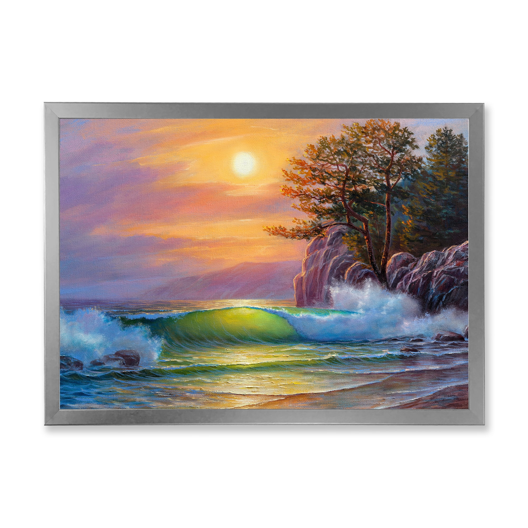 Designart 'Sunrise On Sea Waves By The Pine Trees' Nautical & Coastal Framed Art Print