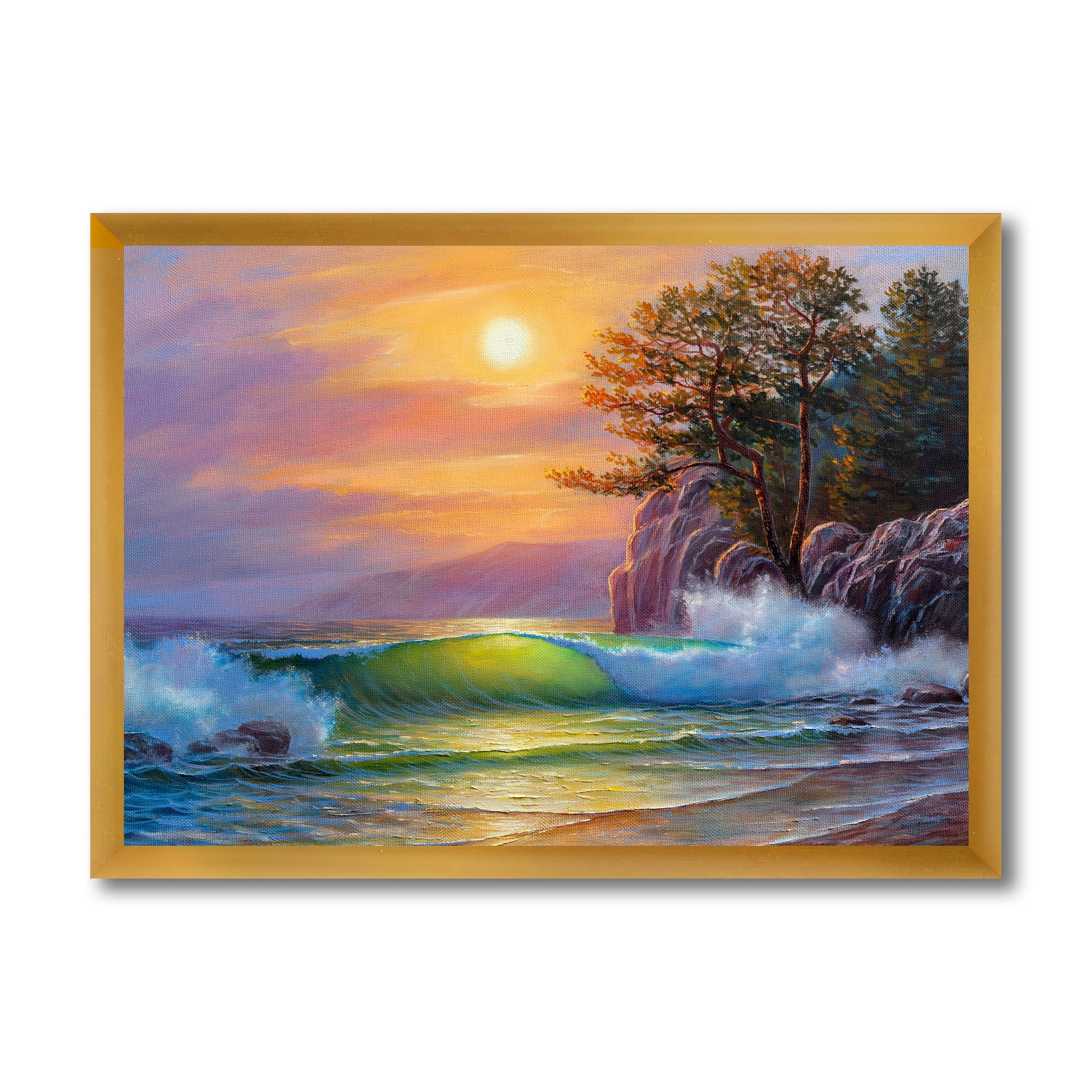 Designart 'Sunrise On Sea Waves By The Pine Trees' Nautical & Coastal Framed Art Print