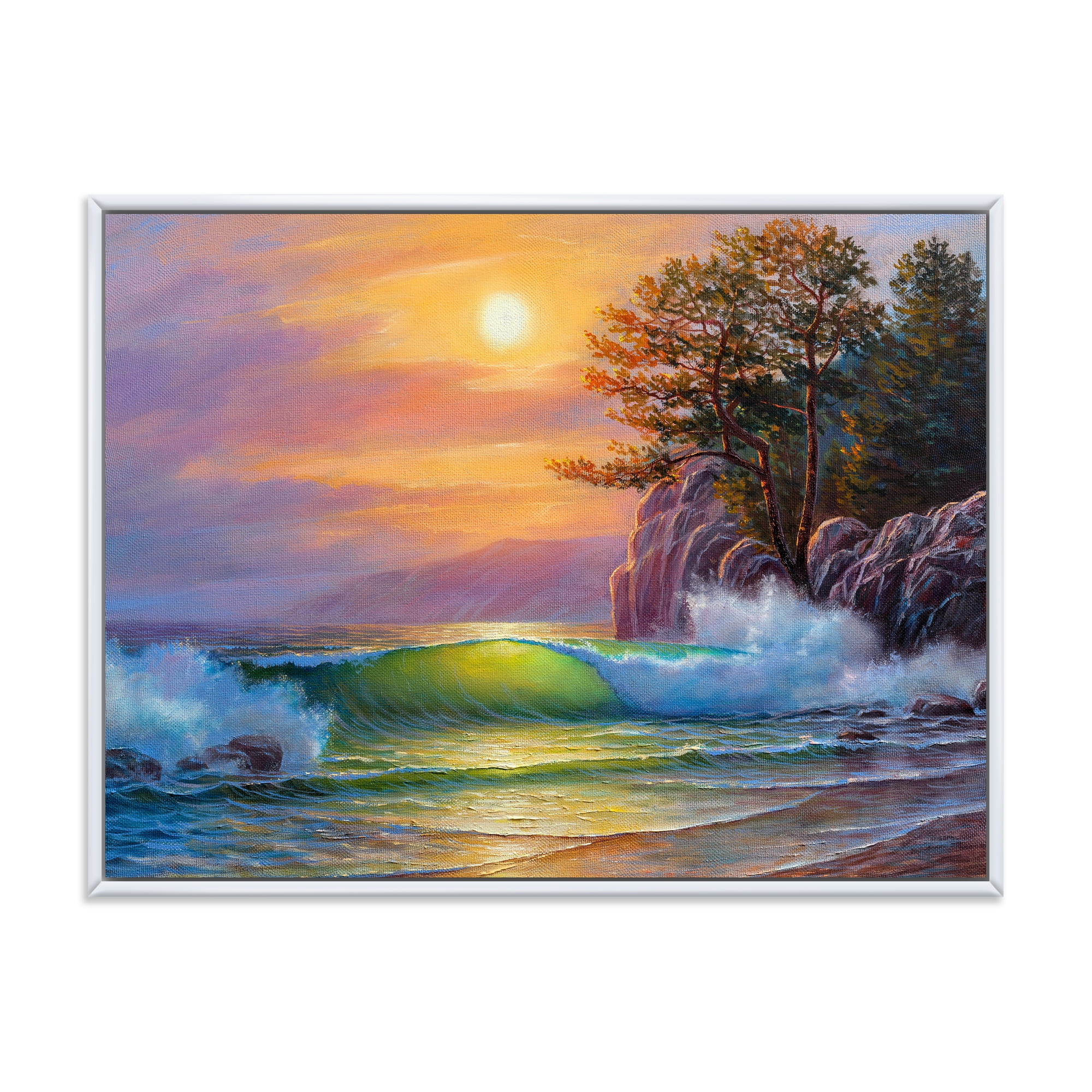 Designart 'Sunrise On Sea Waves By The Pine Trees' Nautical & Coastal Framed Canvas Wall Art Print