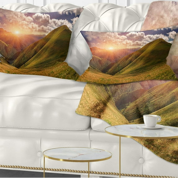 Designart Sunrise Over Green Mountains - Landscape Photo Throw Pillow - 12x20