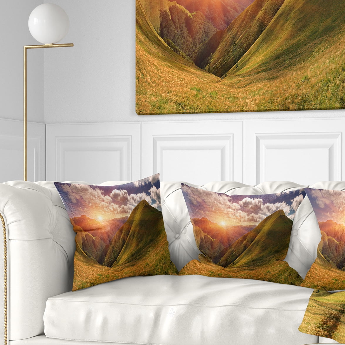 Designart Sunrise Over Green Mountains - Landscape Photo Throw Pillow - 16x16