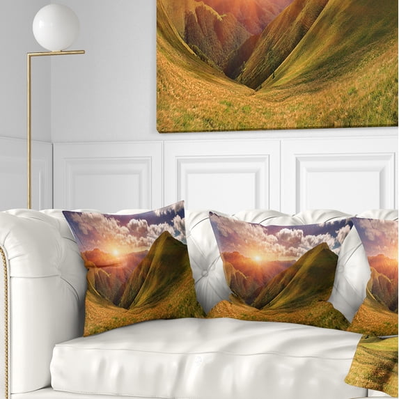 Designart Sunrise Over Green Mountains - Landscape Photo Throw Pillow - 18x18