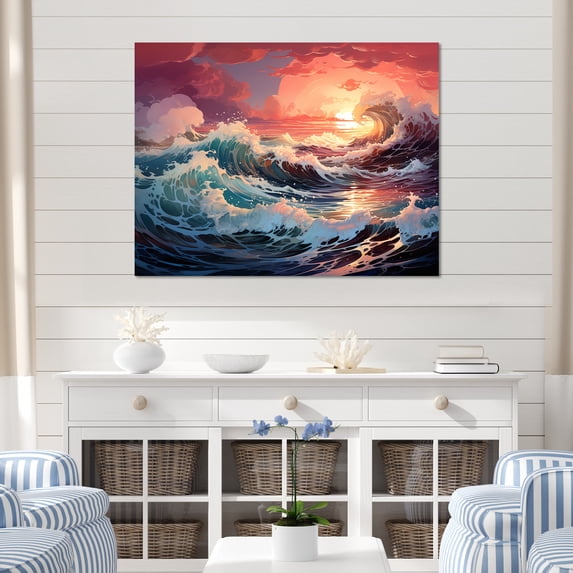 Designart "Sunrise Over Kanagawa Wave In Japan" Ocean Canvas Art Print