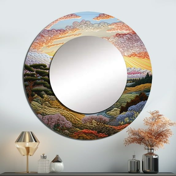 Designart "Sunrise Over The Countryside In Provence" Countryside Rund Mirror For Wall Decor - Large Pink Round Print Mirror - Round Country Mirror - Wall Mounted Round Large Mirror - 36" x 36"