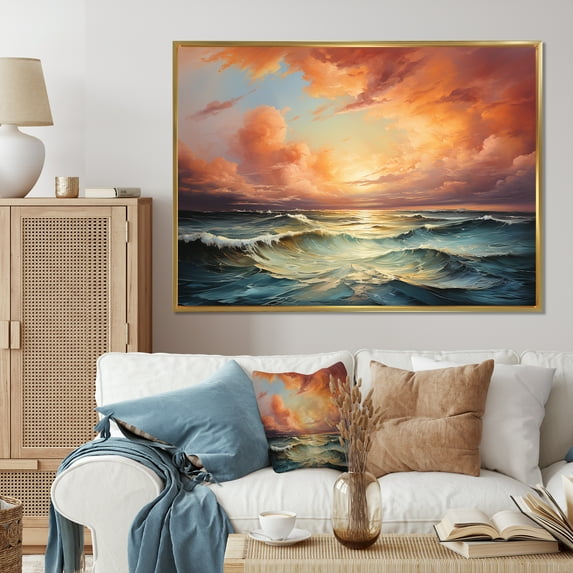 Designart "Sunrise Over the Peach Ocean III" Landscapes Floater Framed Canvas Print