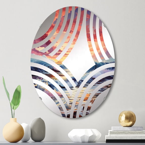 Designart "Sunrise Over the Rainbow Ocean VI" Ocean Baptist Fan Round Wall Mirror - Coastal Oval Printed Decorative Mirror - Multiple Color Options