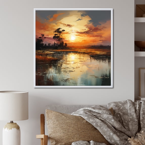 Designart "Sunrise Reflections by the Lake III" Cottage Framed Wall Art - Cabin Yellow Lake Bedroom Framed Canvas Wall Art