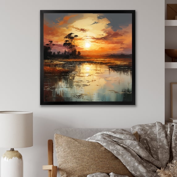 Designart "Sunrise Reflections by the Lake III" Cottage Framed Wall Art Decor - Farmhouse Yellow Lake Bedroom Framed Canvas Wall Art
