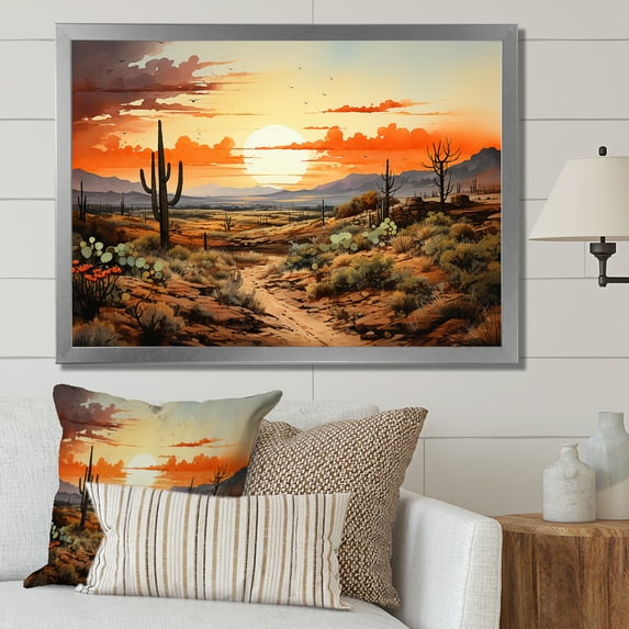 Designart "Sunrise Silhouette Orange Cactus Beauty" Floral Framed Wall Art Decor - Modern Farmhouse Orange Cactus Living Room Framed Canvas Art